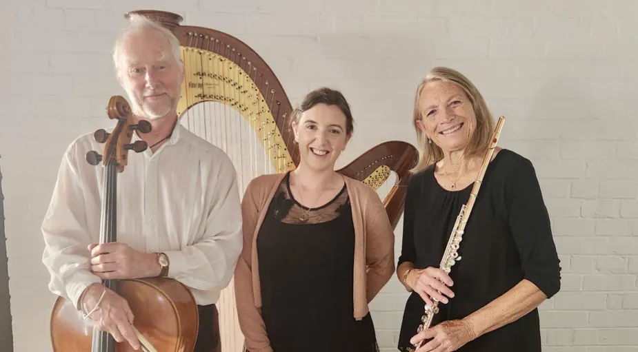 The Aurum Trio: cellist Robert Ibell, harpist Michelle Velvin and Barbara Hill with her flute