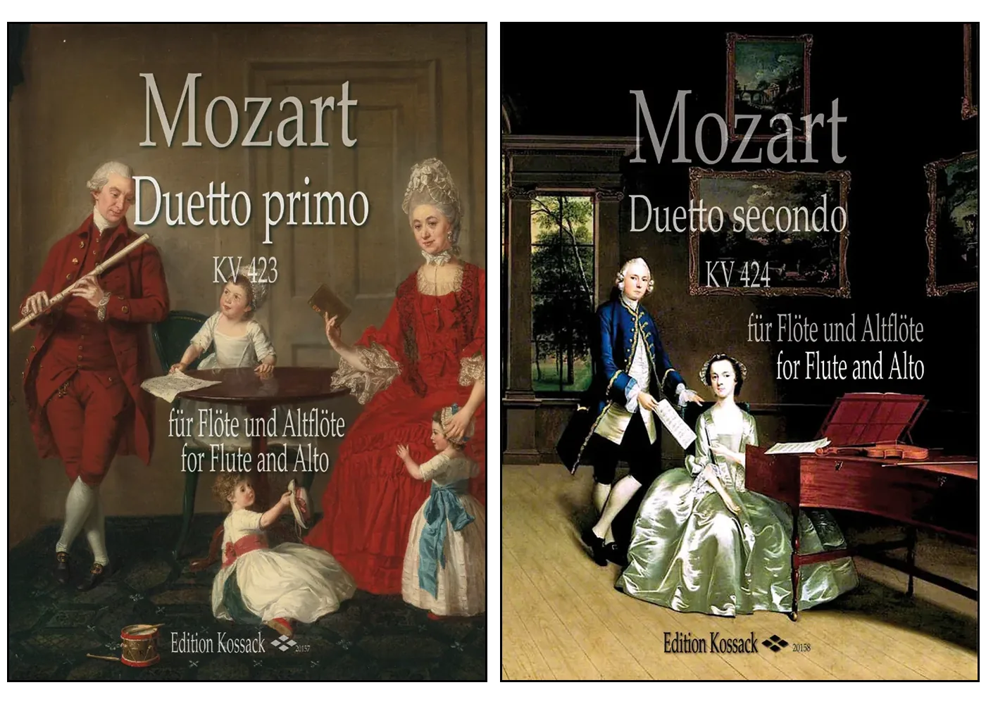 Covers of Mozart's Duetto primo KV 423 and Duetto secondo KV 424 for flute and alto flute, published by Edition Kossack