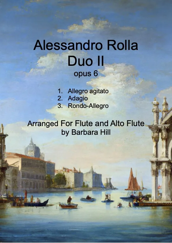 Cover of Rolla's Duo II, Opus 6, arranged for flute and alto flute by Barbara Hill: a painting of Venice from the water
